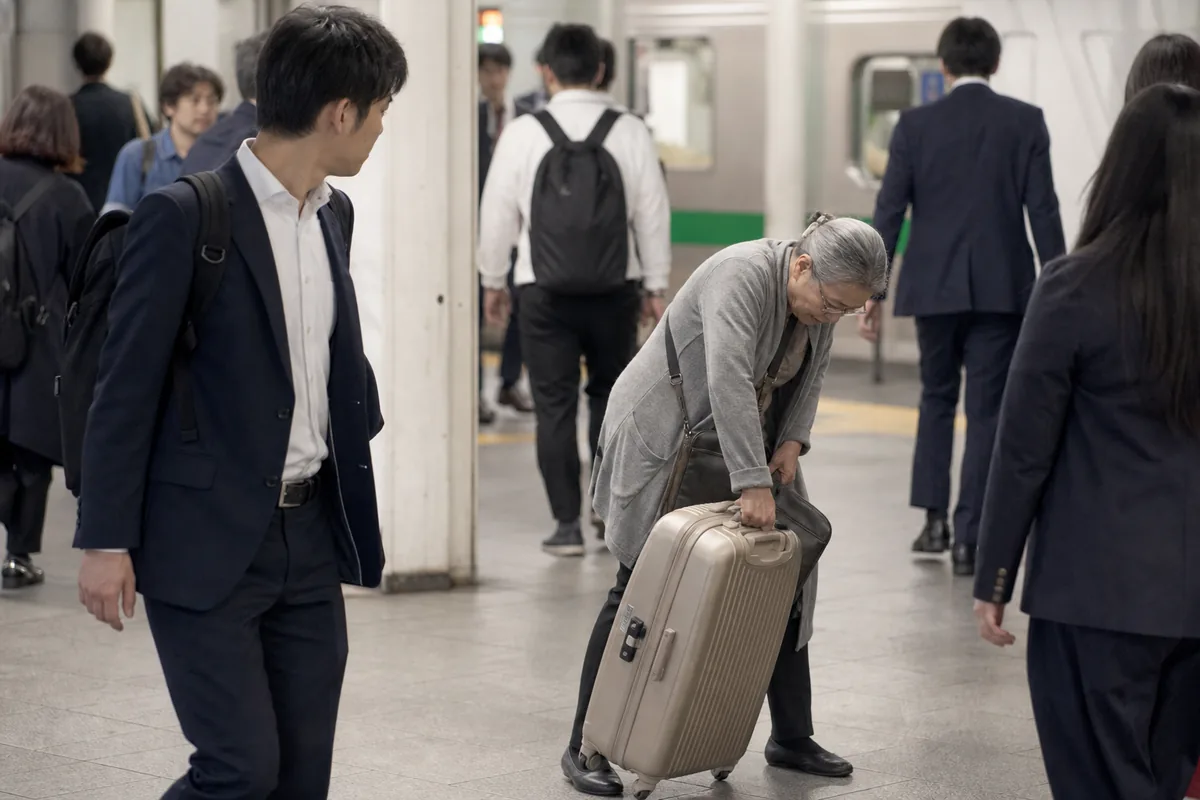 駅で重いスーツケースを運ぶ高齢者に気づいた通勤客