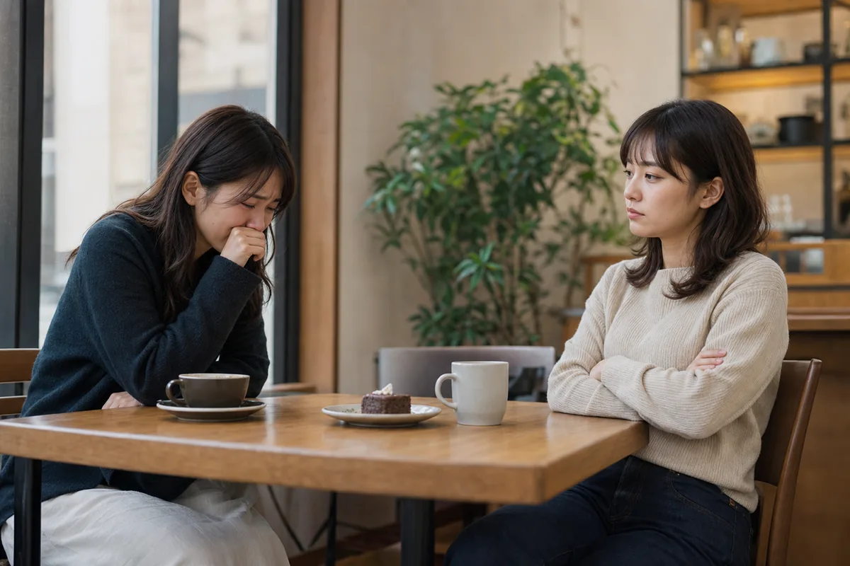 カフェで悲しい体験を語る友人と、距離を置く聞き手