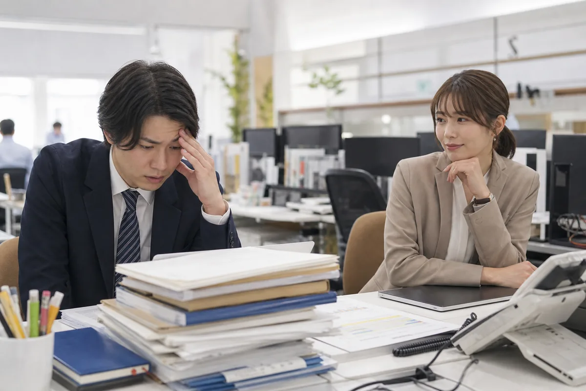 書類に追われる後輩と、主導権を握れる立場の先輩