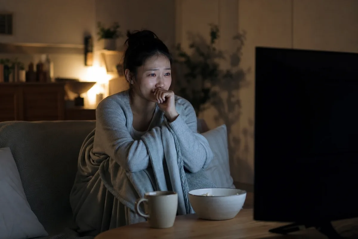 自宅で映画の物語に心を動かされる人物