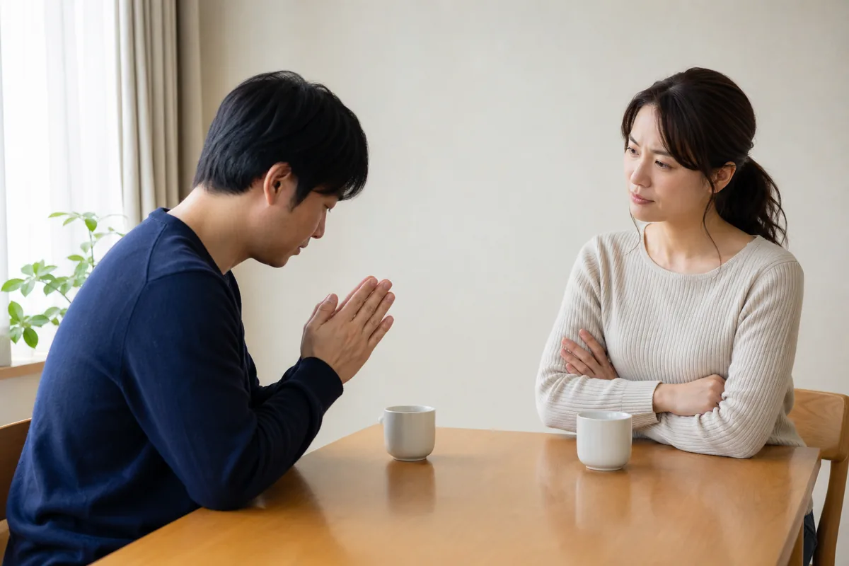 謝罪する人を疑いながら見る聞き手