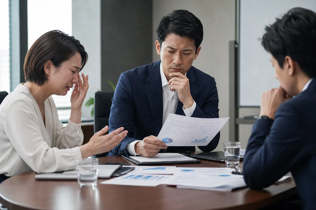 苦痛を訴える参加者と、資料を見て判断する責任者