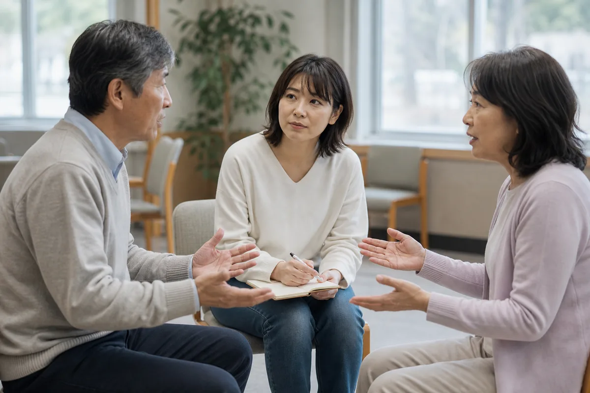 異なる意見を話す二人と、双方に耳を傾ける人物