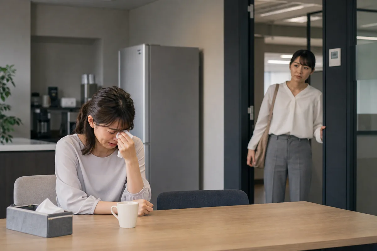 休憩室で泣く人と、声をかけるか迷う同僚
