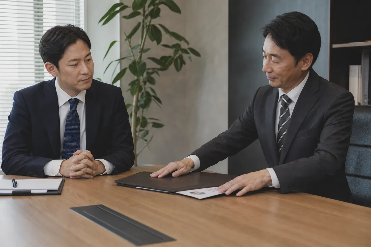 商談中に重要な資料をフォルダーの下へ隠す人物