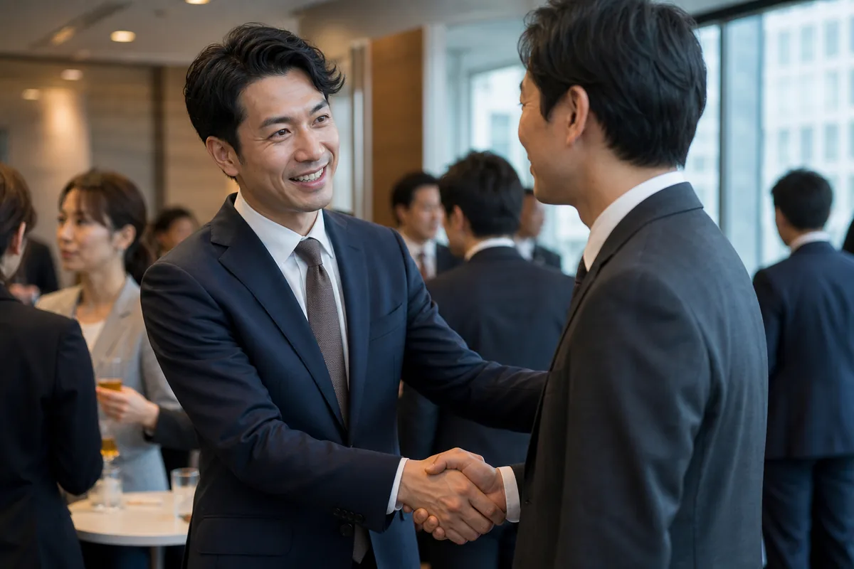 交流会で戦略的にも見える褒め言葉と握手を交わす二人
