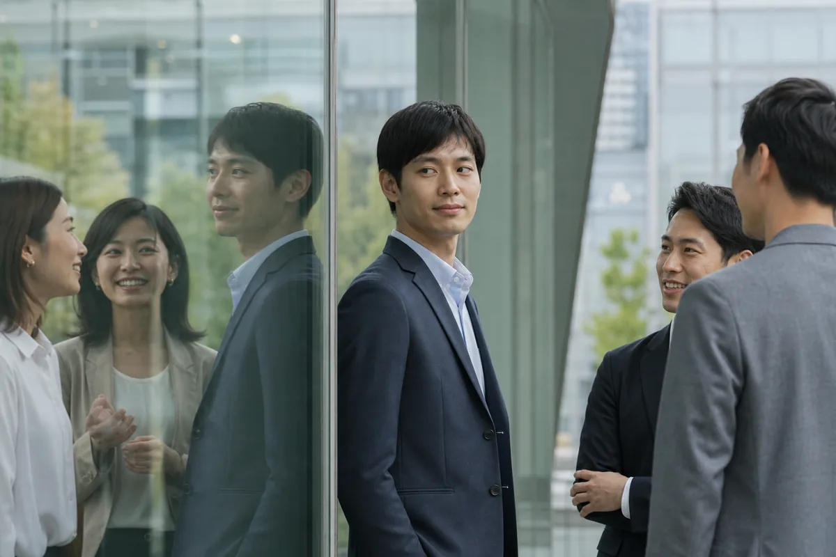 二つの集団に合わせて異なる表情を見せる人物とガラスの反射