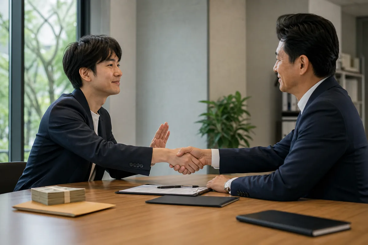 短期的な利益を脇へ置き、透明な条件で握手する二人