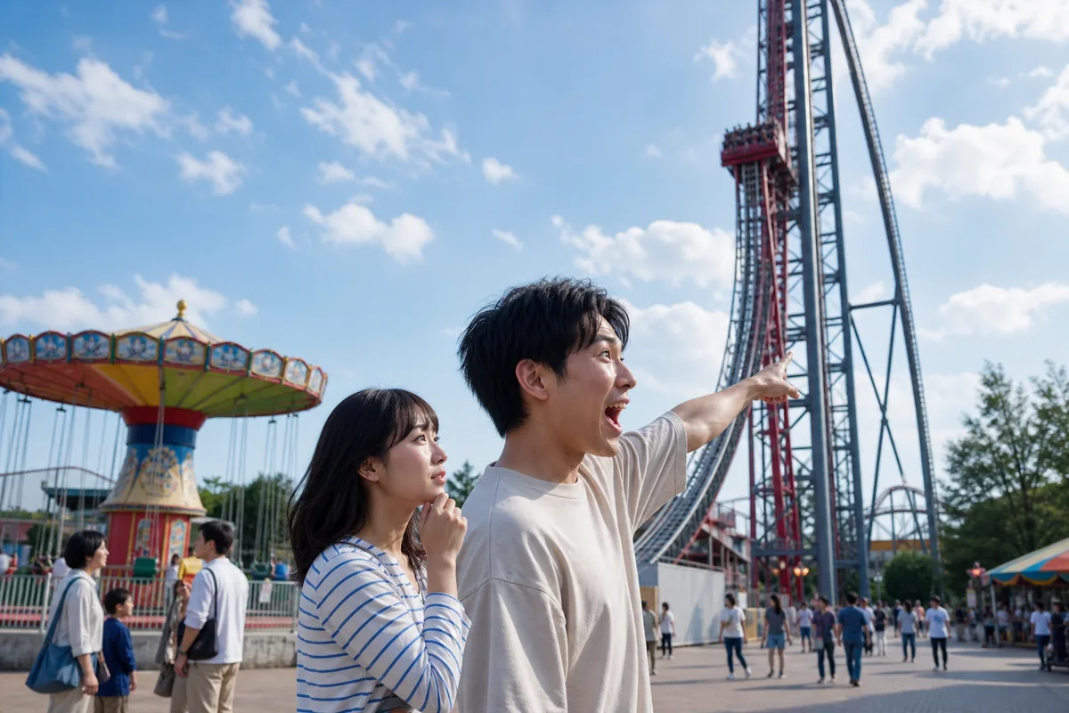 遊園地で最も刺激の強い乗り物へ惹かれる人物