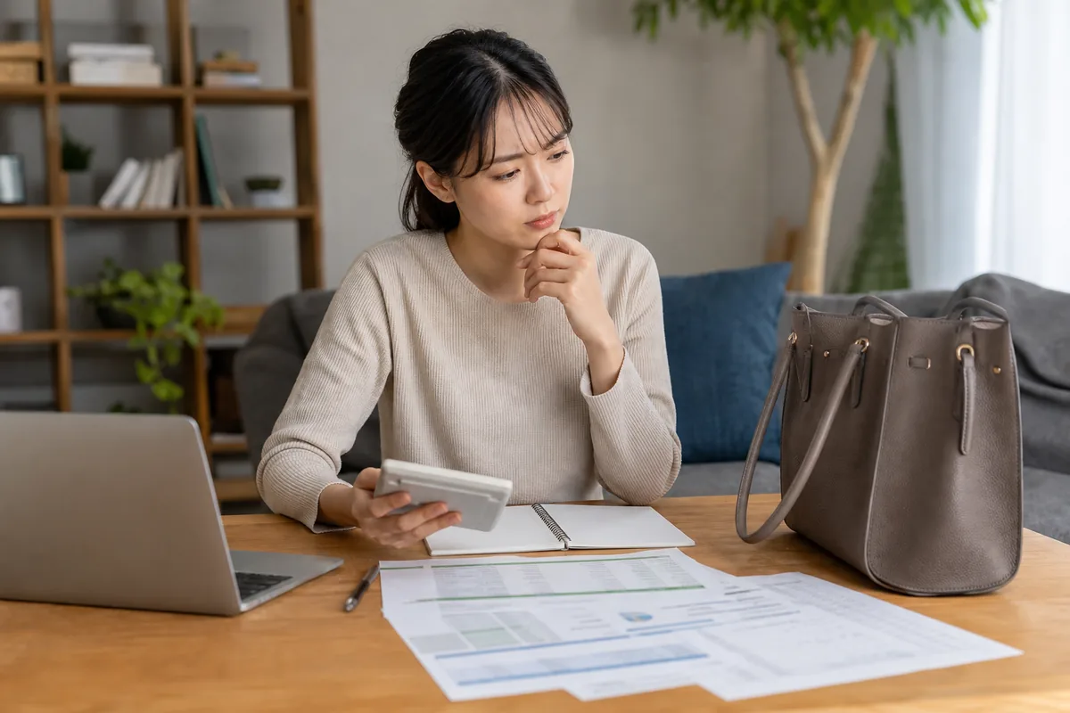 高額な買い物の前に予算と損失を確認する人物