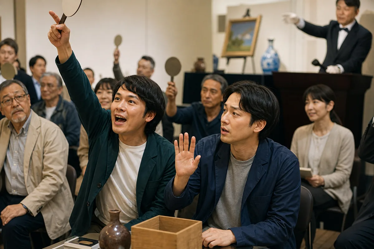 競りの熱気に興奮し、再び手を上げようとする人物