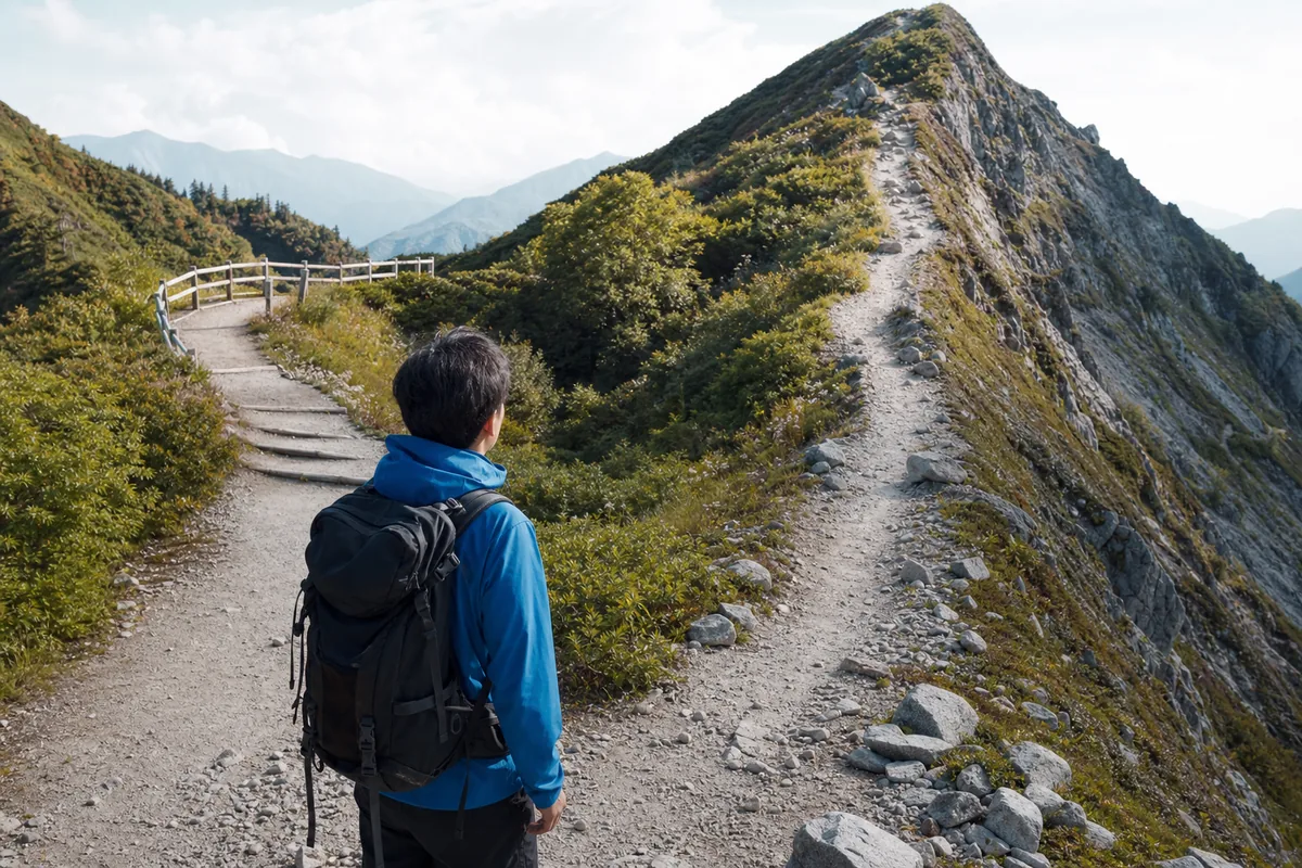 安全な道と険しい道の分岐で立ち止まる登山者