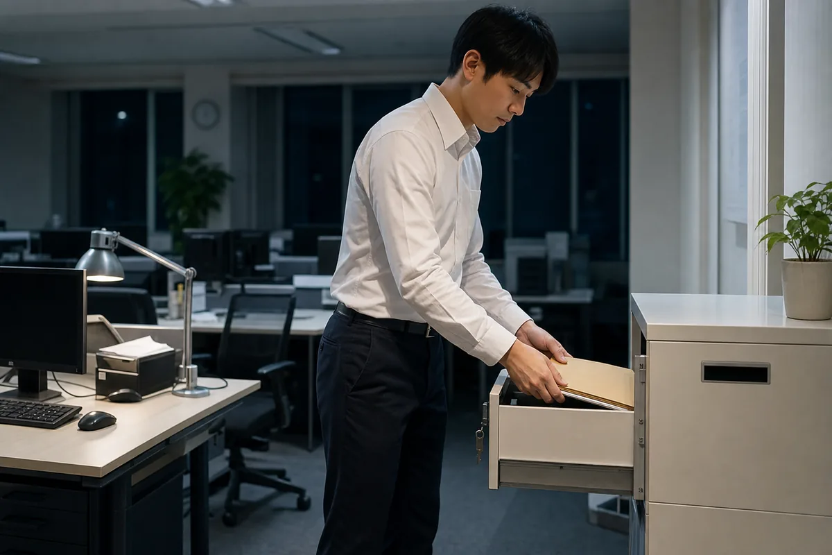 誰もいないオフィスで機密資料を規則どおり保管する人物