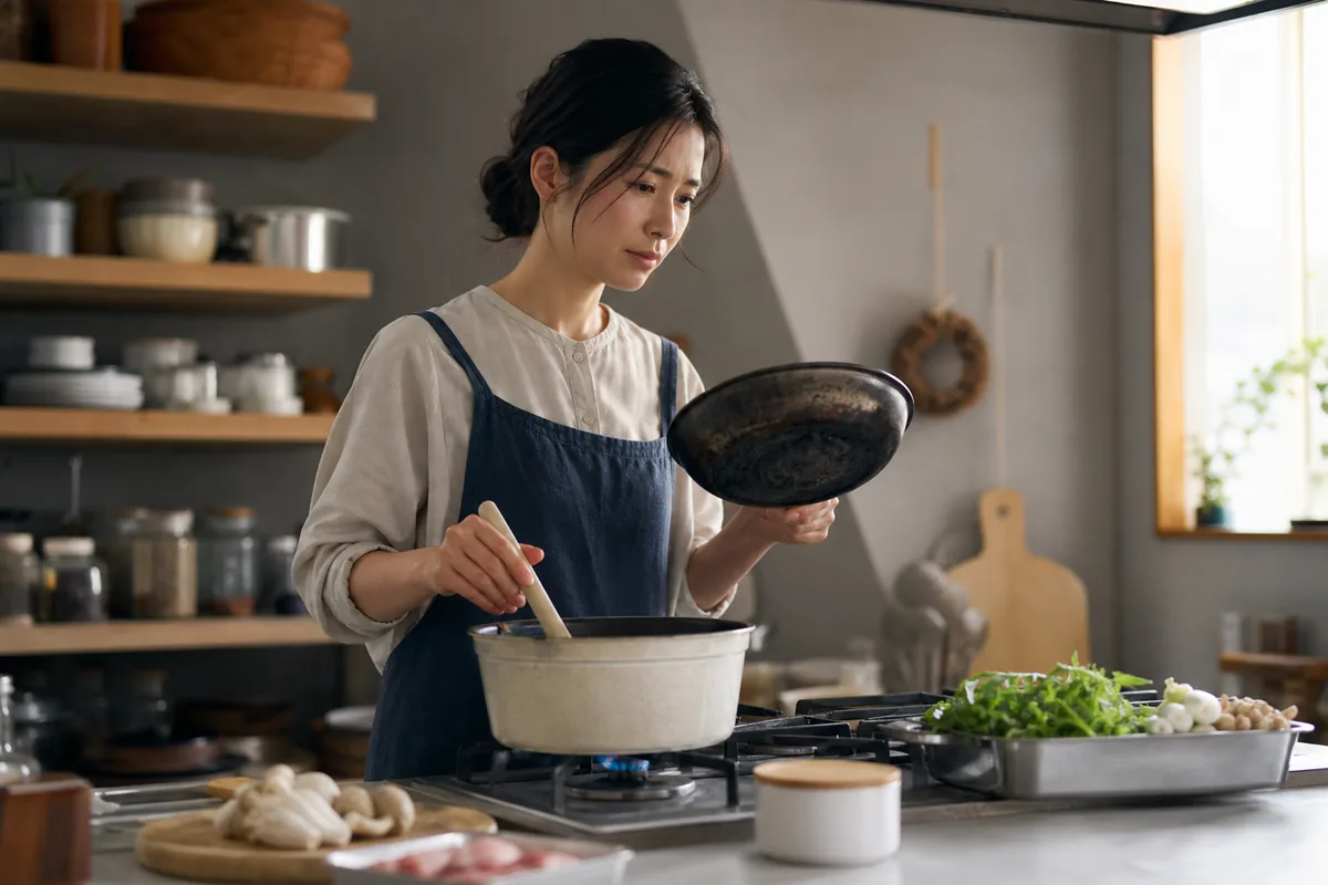 以前焦がした料理へ、方法を変えて再挑戦する人物