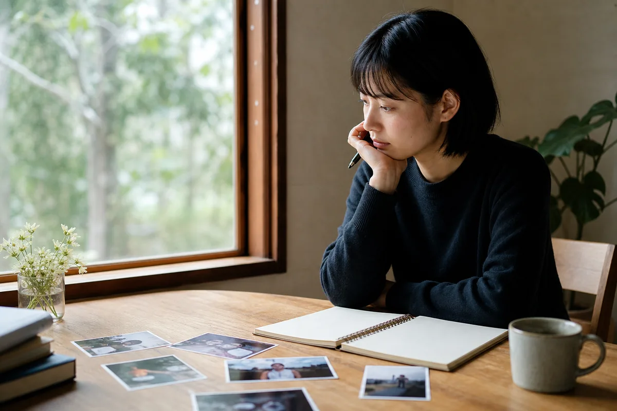 写真とノートを前に、自分の感情を整理する人物