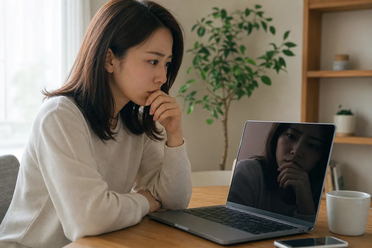 感情的な判断をする直前に、画面の自分を見て止まる人物