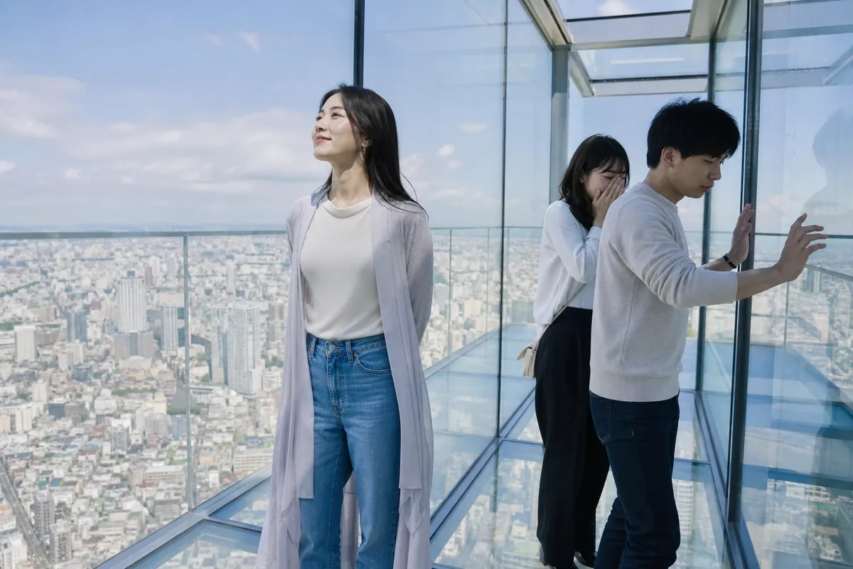 高層の安全な展望デッキで、恐怖を見せず立つ人物