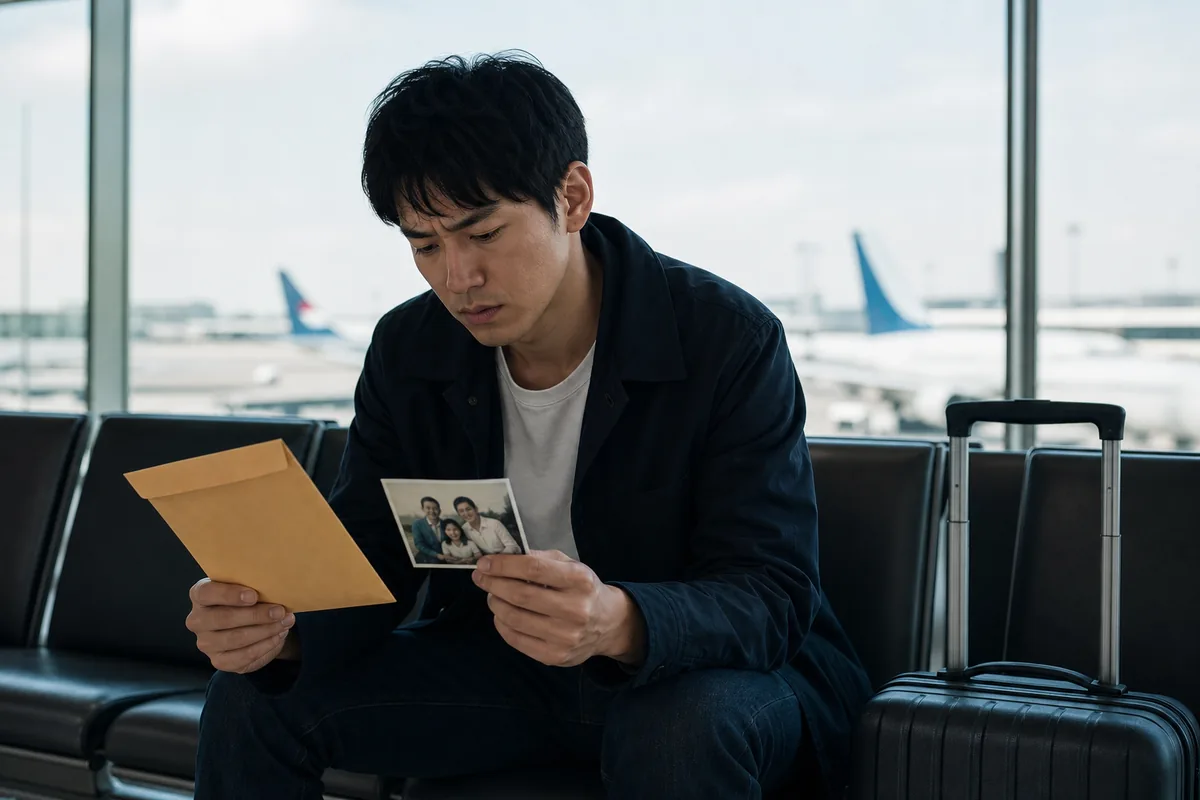 大切な機会と家族写真を手に、選択を考え直す人物