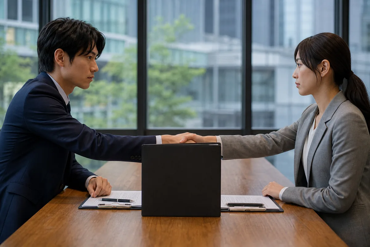 親しい関係を契約のように扱う、冷たい握手の場面