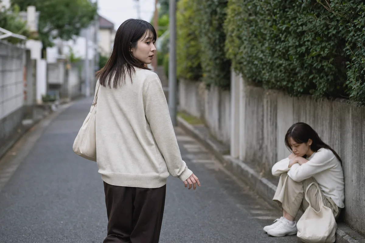 傷ついた友人から離れかけて、途中で振り返る人物