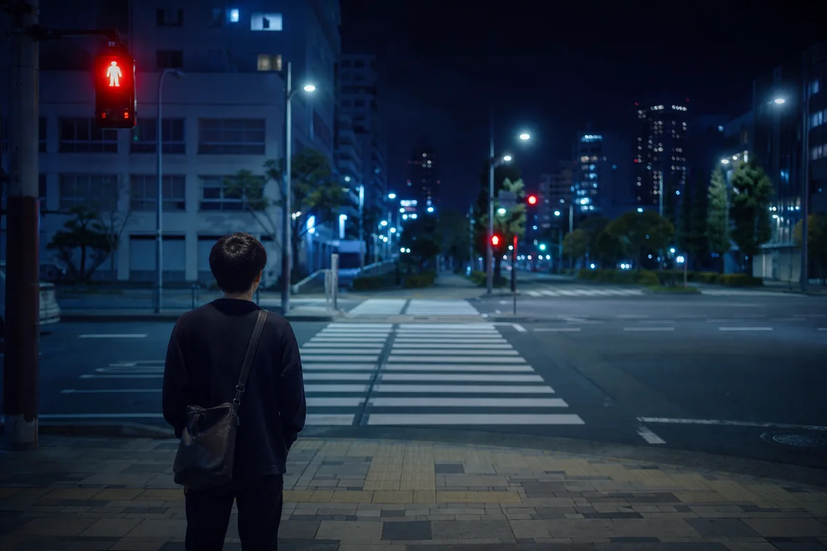 深夜の無人の交差点で、赤信号を待つ人