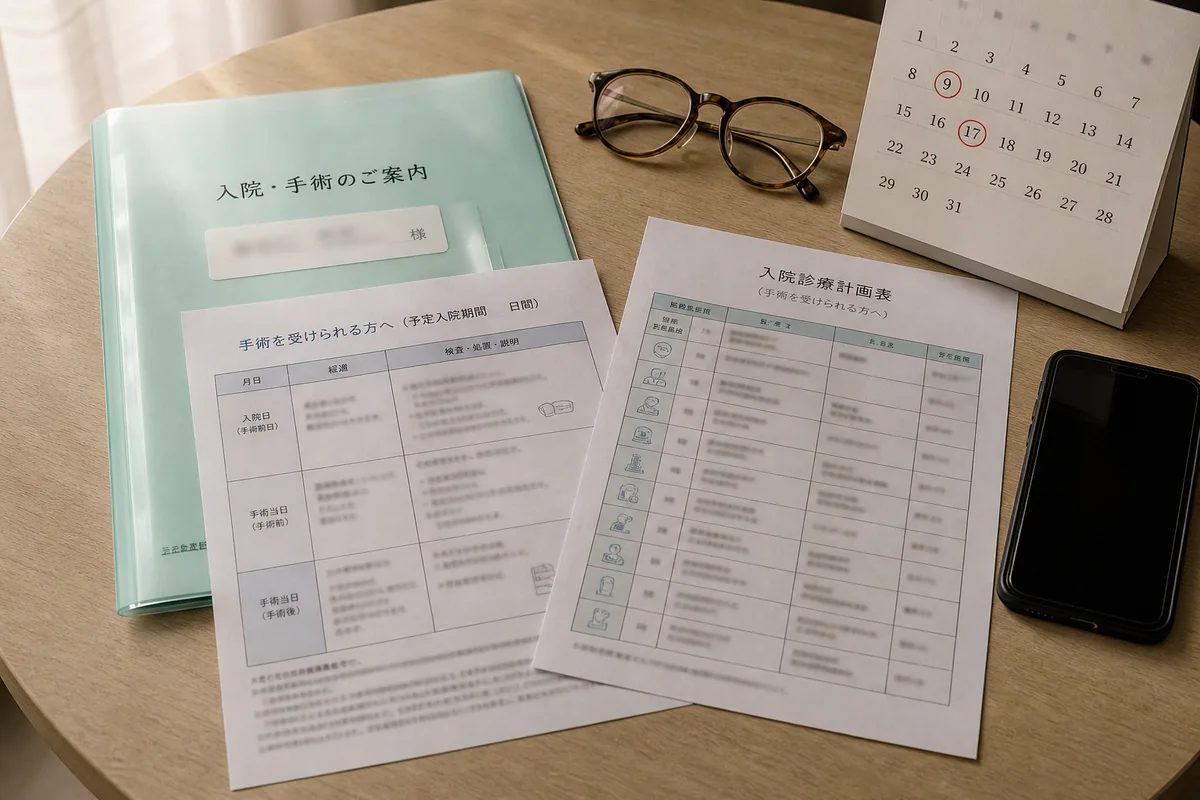 病院の入院案内と手術予定書類がテーブルに置かれている