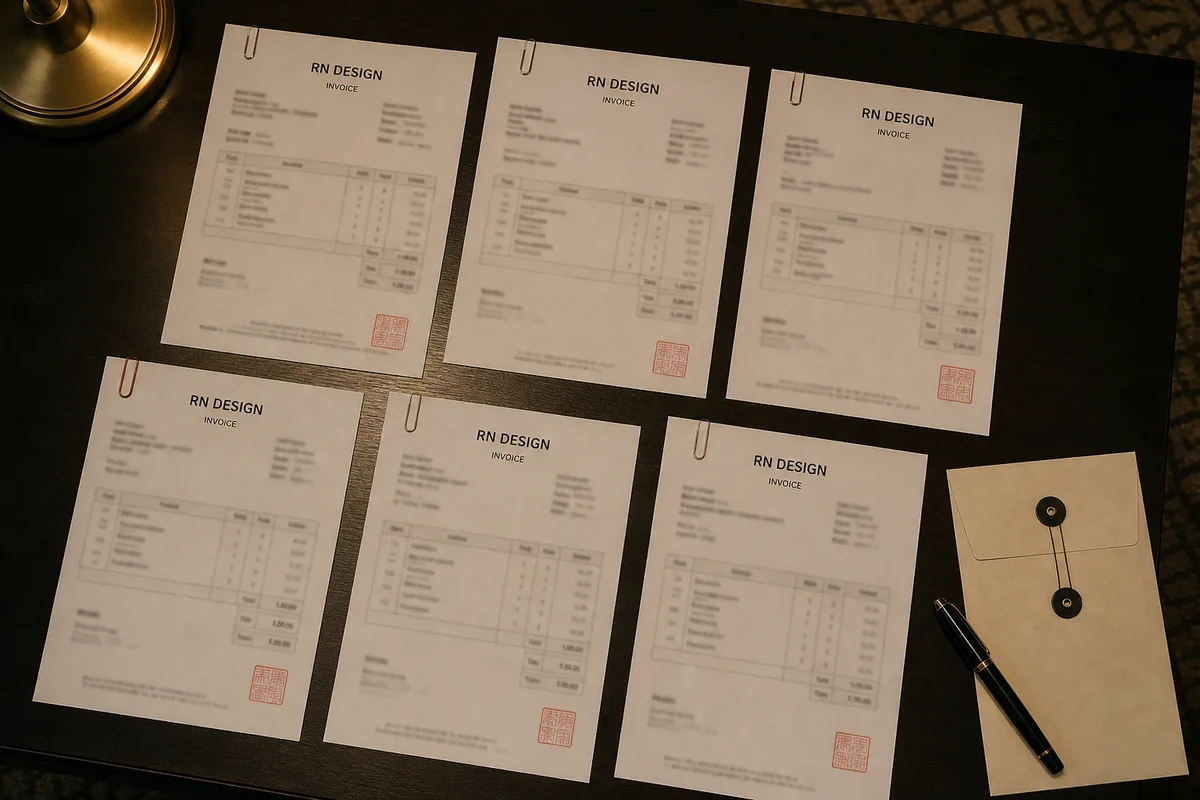 RNデザイン名義の六枚の請求書が机に並べられている