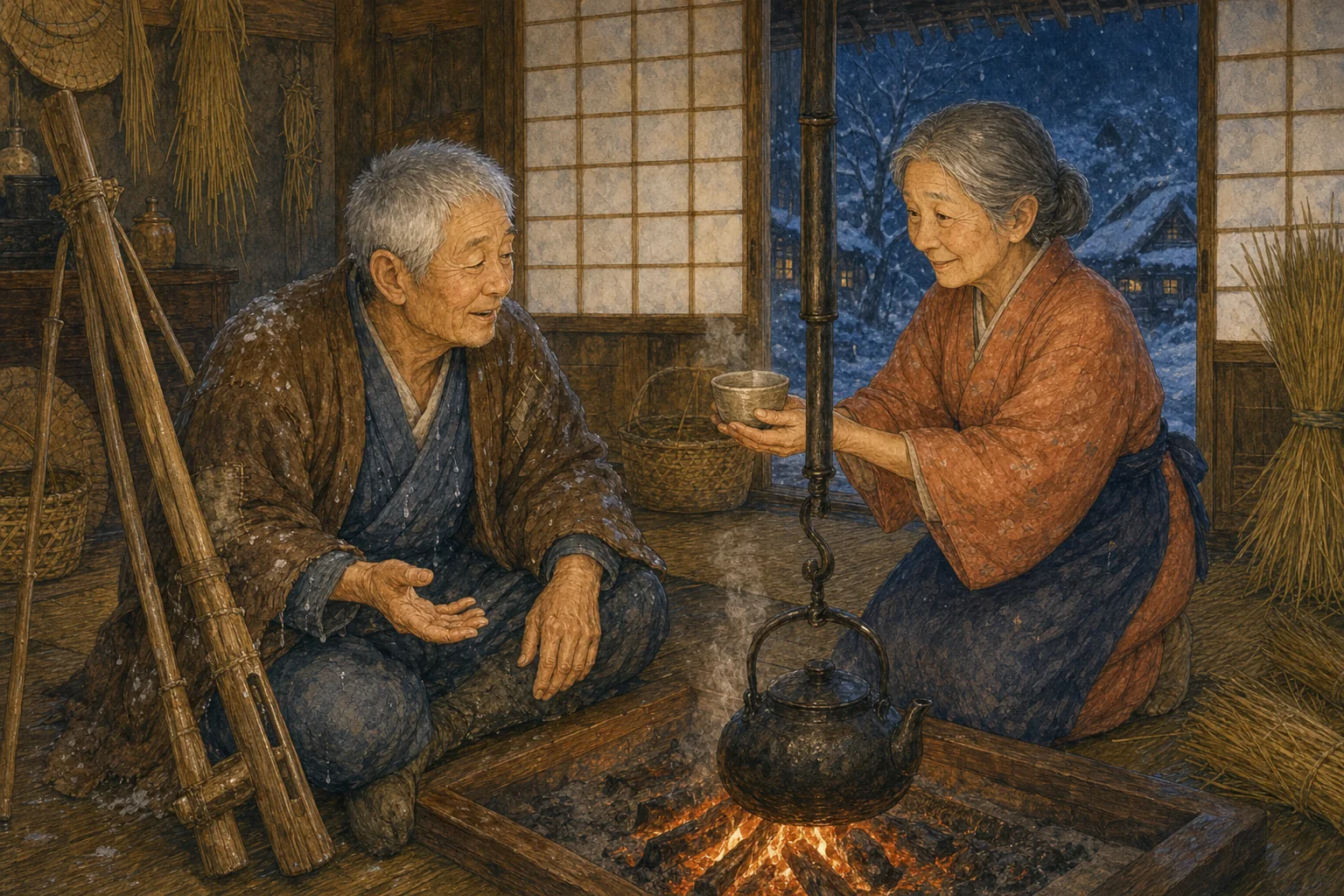 おじいさんが いえで おばあさんへ できごとを はなす ところ