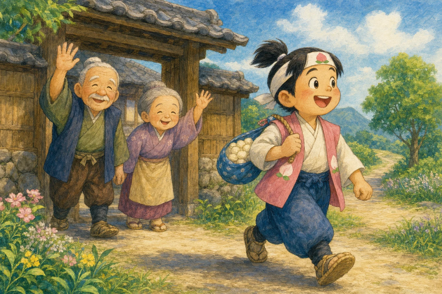 ももたろうが おじいさんと おばあさんに みおくられて たびへ でる ところ