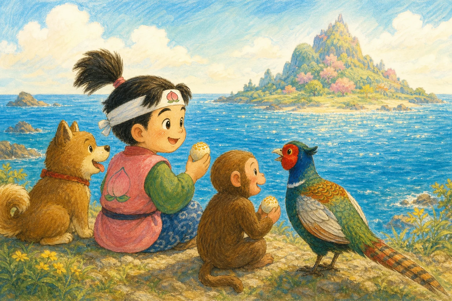 ももたろうたちが うみべで きじに であう ところ