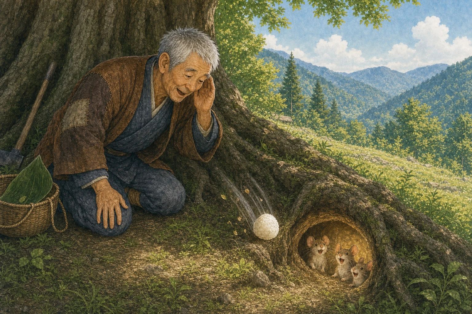 おむすびが きの ねもとの あなへ おち ねずみたちが よろこぶ ところ