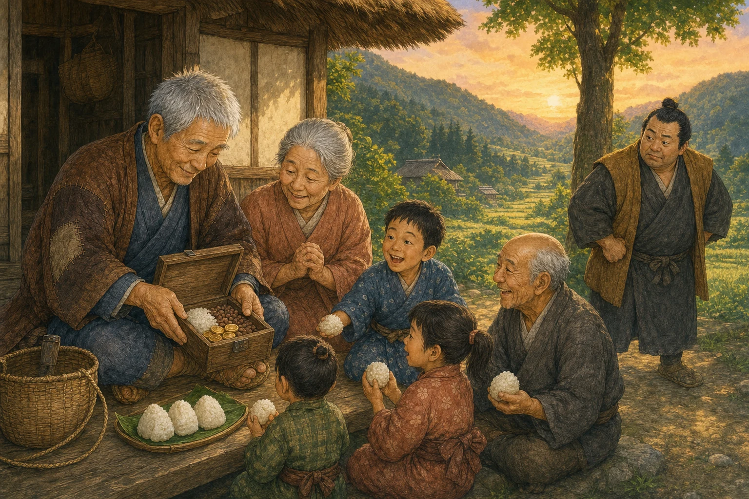 おじいさんと おばあさんが つづらの めぐみを むらの みんなへ わける ところ