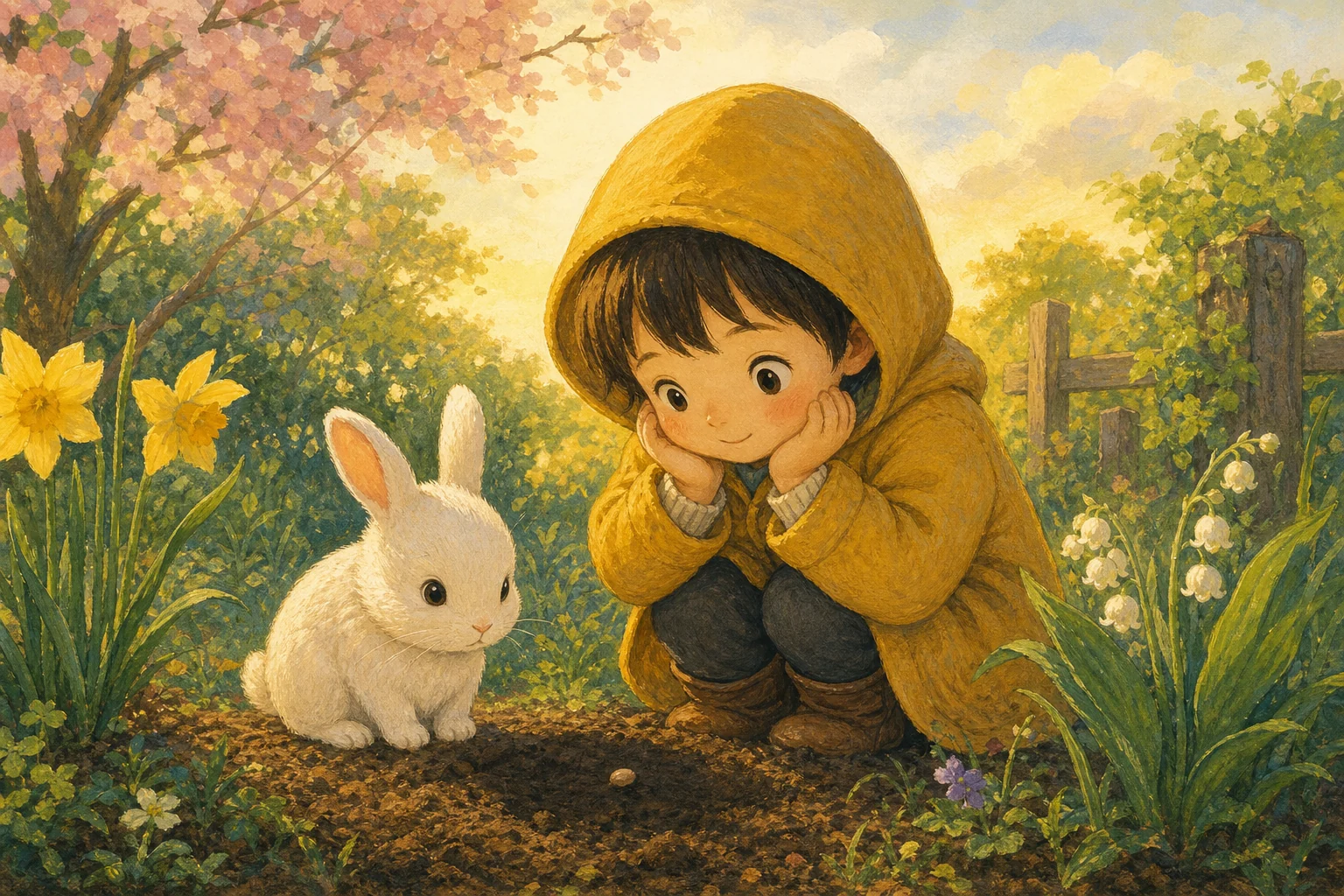 ゆうと うさぎが めが でるのを しずかに まつ ところ
